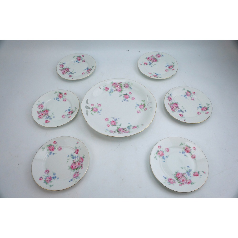 Germany Roman V Cake Serving Plate Set Pink Rose Floral Gold Trim 7 Piece VGC